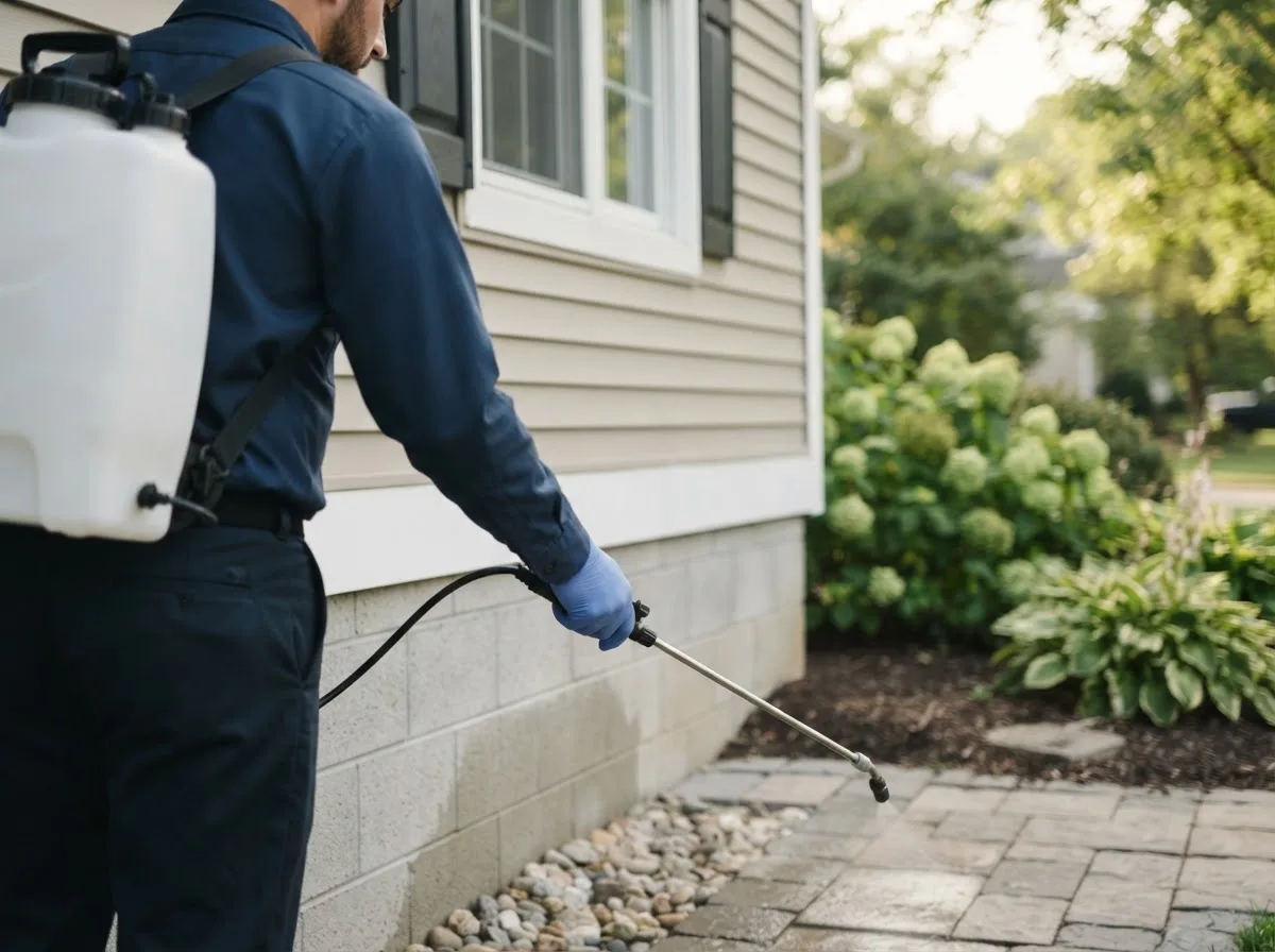 Pest control technician inspecting a home in Saint Libory, NE